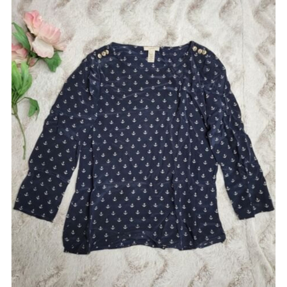 J Crew 100% Silk Button Shoulder Accent Anchor Print Blouse Size 0 - Picture 1 of 12